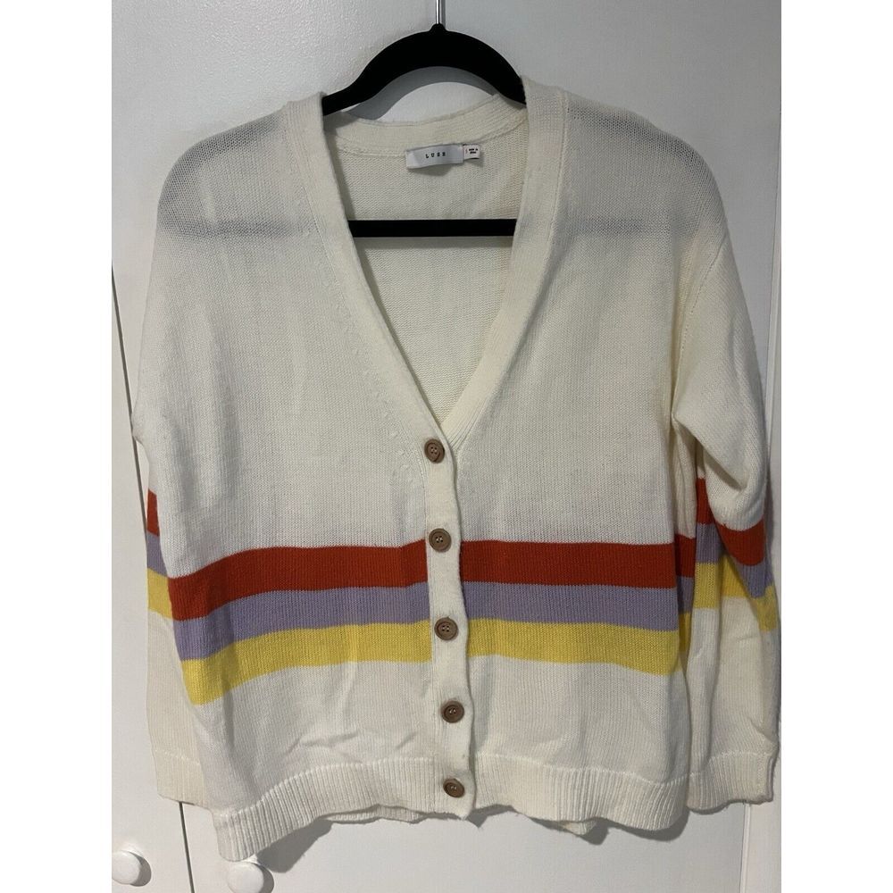 LUSH‎ Ivory Red Purple Yellow Striped Sweater Cardigan Size Small Knit Button
